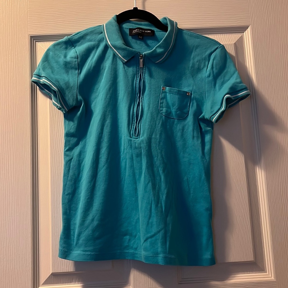 Women’s Jones New York Polo-style Shirt Zippered Collar Pocket Aqua Blue Sm-Med